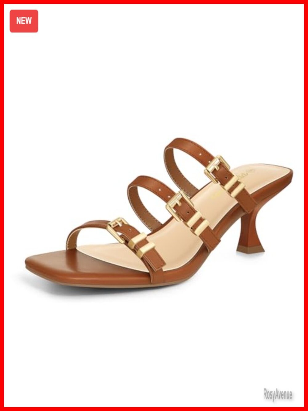 Women's Kitten Heel Sandals Square Open Toe Slip-On Mules with Three Buckle